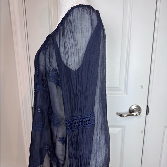 Italian Navy Whimsy Goth Sheer Layers Bohemian Airy Embroidered Gauze Peasant - Picture 6 of 9